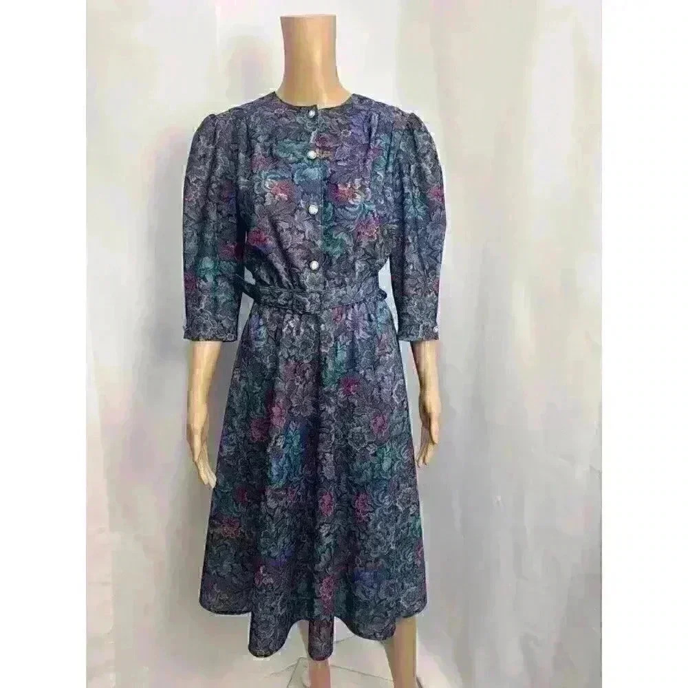 Vtg 70s California Looks Purple Floral Shirtwaist Secretary Dress Belted‎ Sz 10